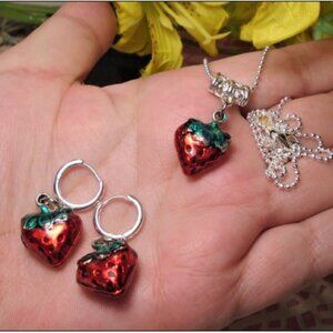 Sweet Strawberry Enamel Dangle Huggie Hoop Earrings and Matching Necklace NEW